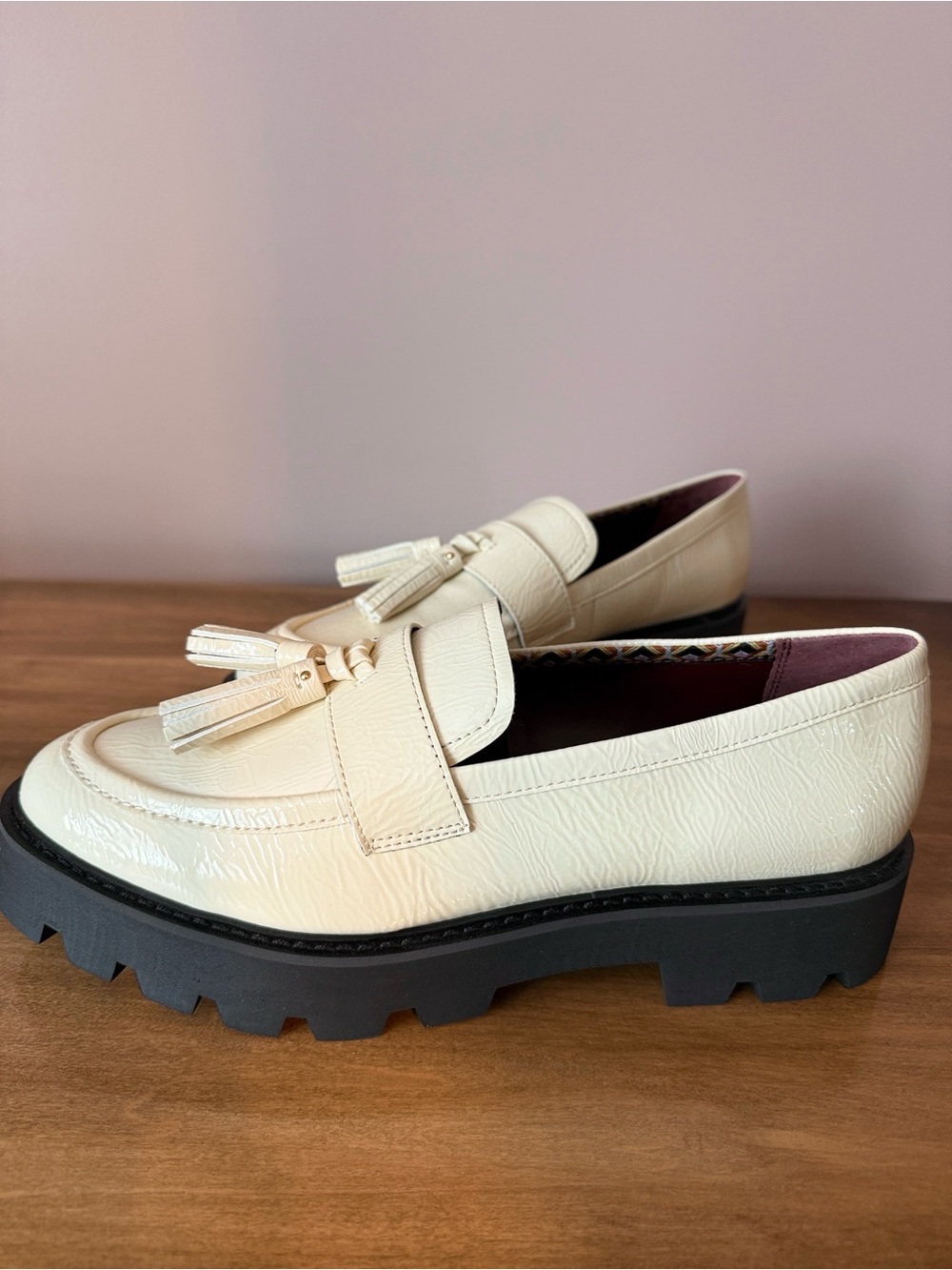 Franco Sarto Cream Tassel Lug Sole Crinkled Patent Loafers